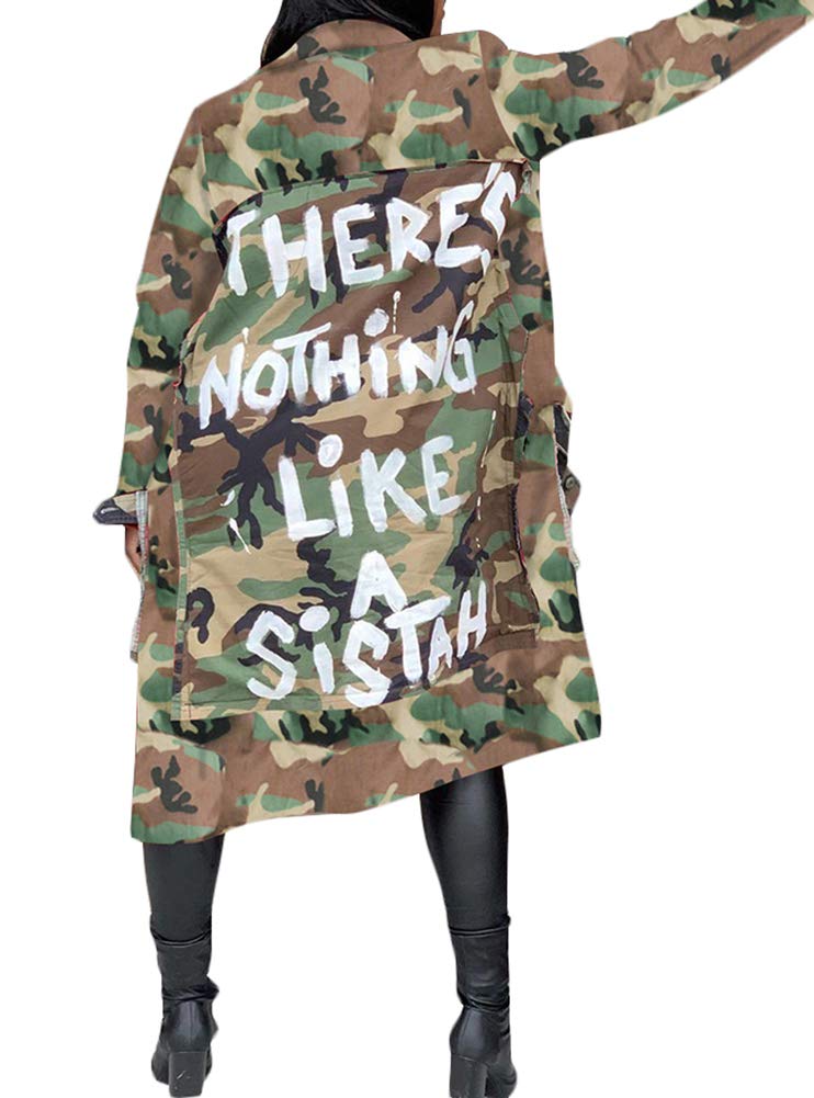 Vakkest Women Casual Camo Blazer Jacket Letter Print Long Sleeve Long Outwear Coat with Pockets Oversize Cardigan - Image 2